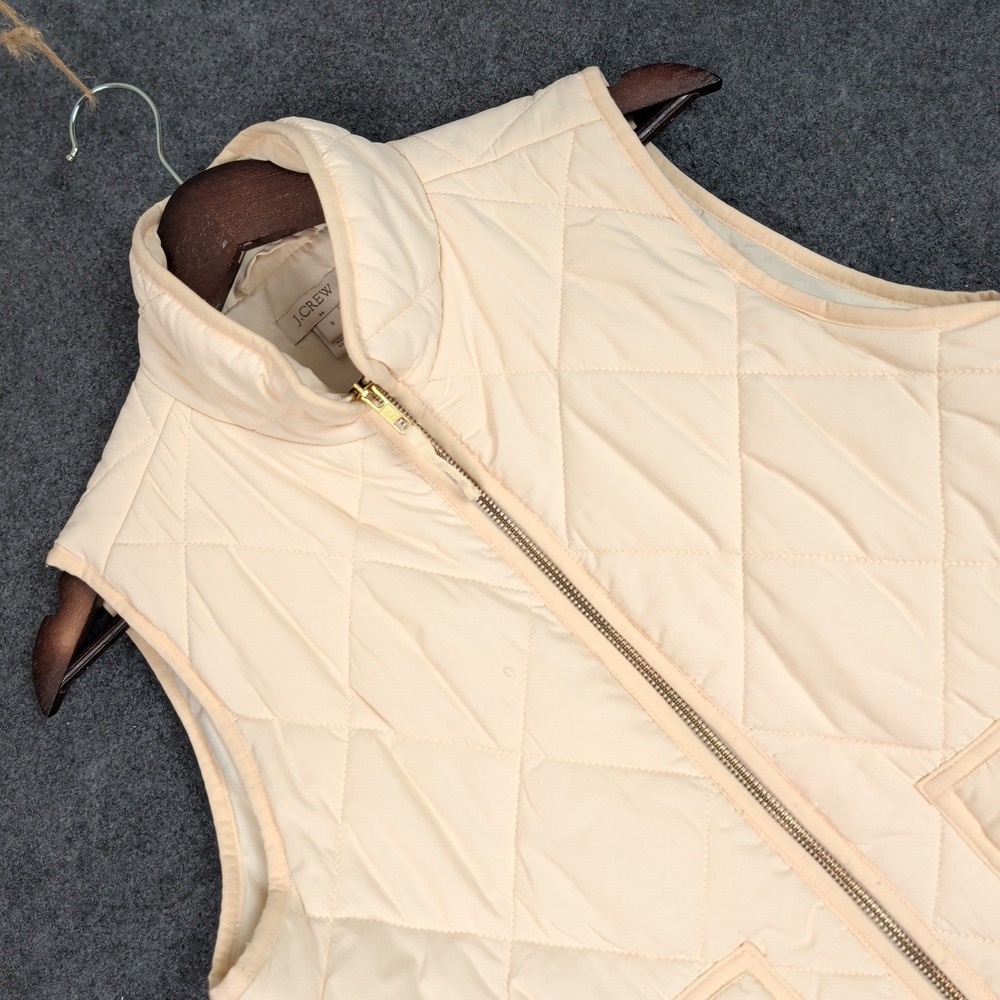 J.Crew Womens Cream Quilted Excursion Vest Small Gold Zip Diamond Quilt Pockets